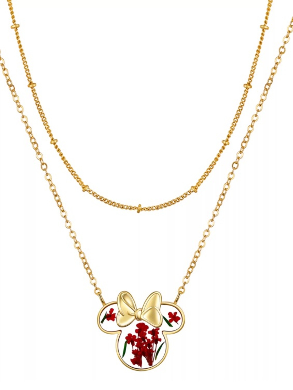 Disney's Minnie Mouse 14k Gold Flash Plated Pink Dried Flower Layered Necklace